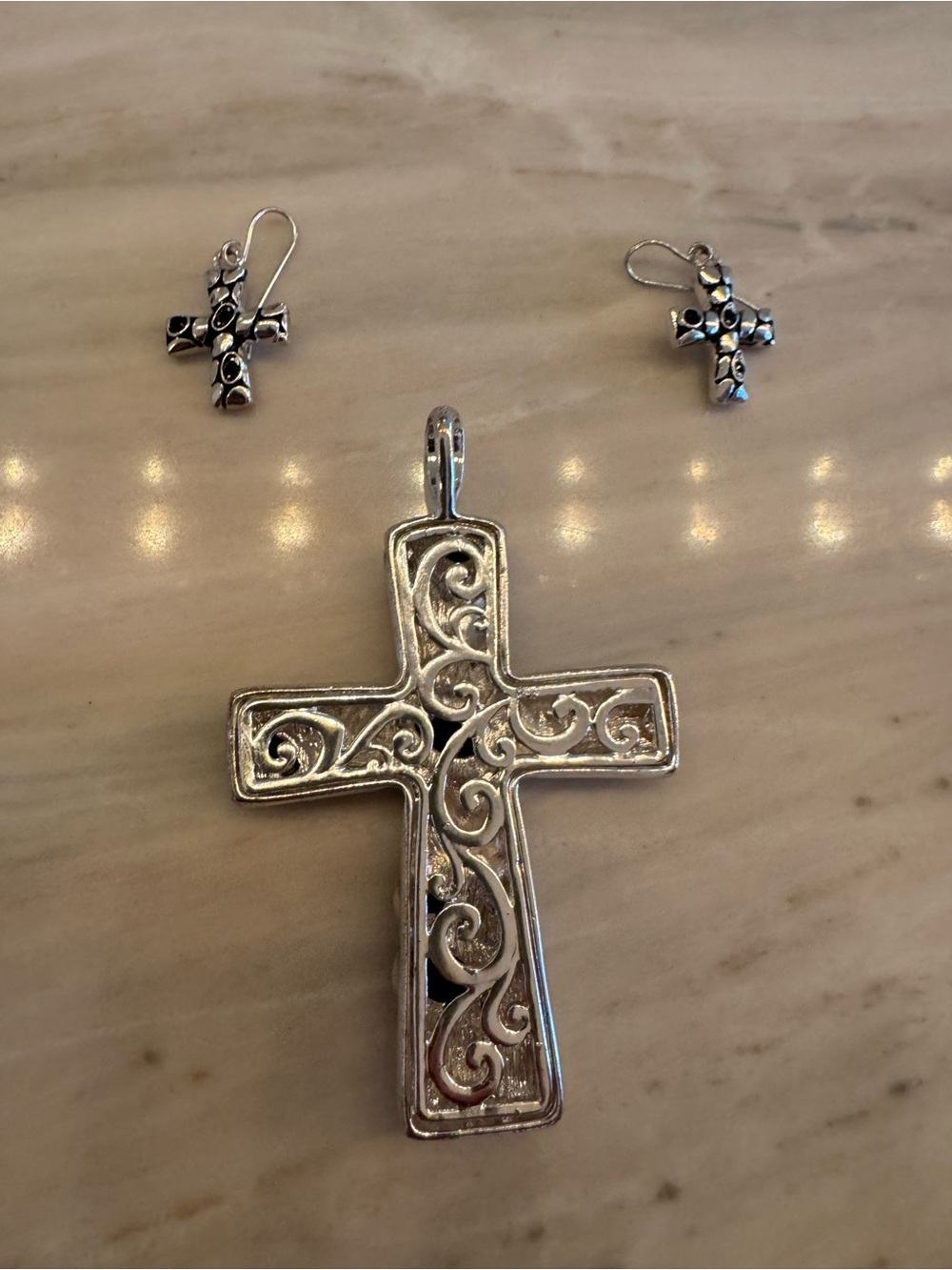 Intricate Silver Filigree Cross Pendant and Matching Cross Earrings - Silver